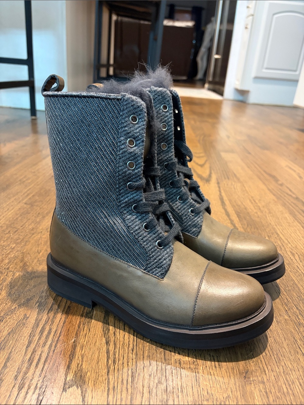 NWOT Brunello Cucinelli  Size 36 Olive/Brown Lace-Up Combat Boots